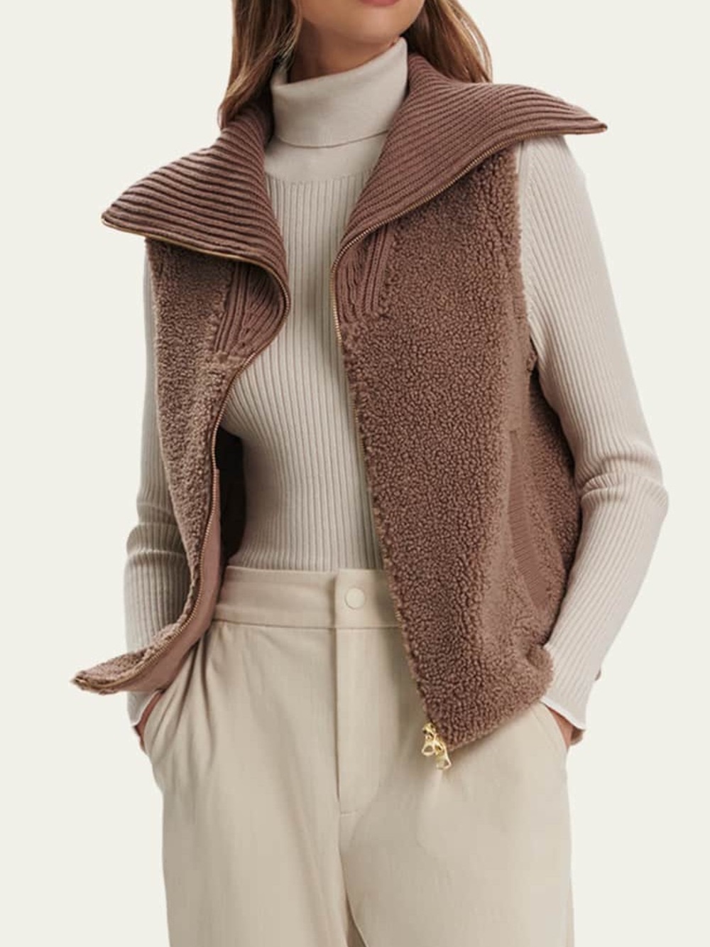 Varley Aspen Bouclé Sherpa Zip-Up Ribbed Collar Vest Gilet, Ash Taupe, Size M - Picture 3 of 10